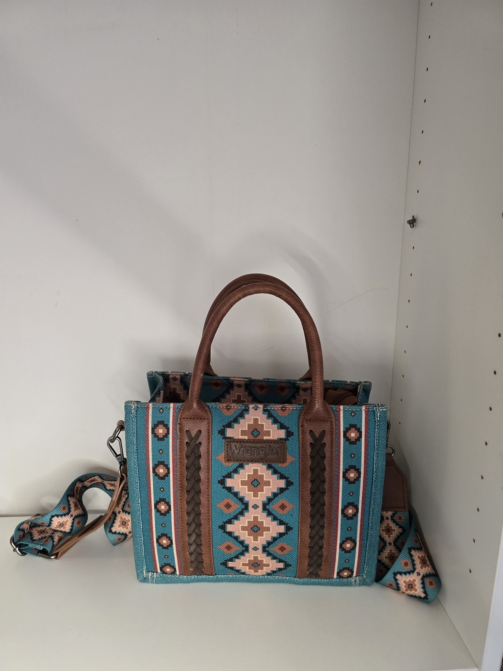 Wrangler Turquoise Aztec Tote with Brown Trim